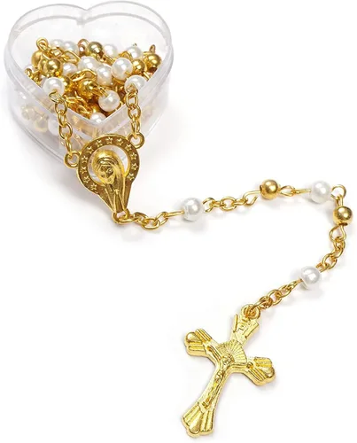 Vista 2 de (12) PCS – Bautismo, Rosario de la Primera Comunión Recuerdos de Oro Perla para Primera Comunión Niña Niño Corazón Caso