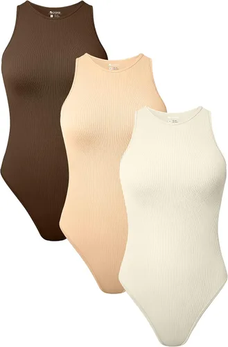 OQQ Body de 3 piezas para mujer, sexy, acanalado, sin mangas, con cuello halter, sin mangas