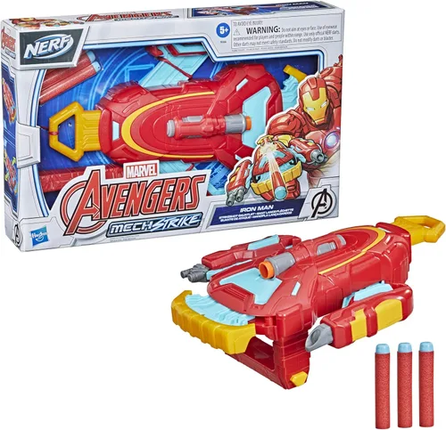 Vista 2 de Avengers Marvel Mech Strike Iron Man Strikeshot - Guantelete de juguete con 3 dardos Nerf, mango para expandirse, para niños a partir de 5 años