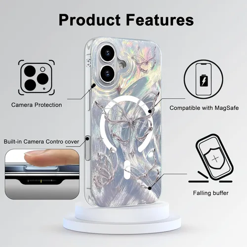 Vista 414 de I-MGAE-IN-AR - Funda diseñada para iPhone 12 y 12 Pro, diseño de mariposa plateada brillante, funda protectora de poliuretano termoplástico, suave