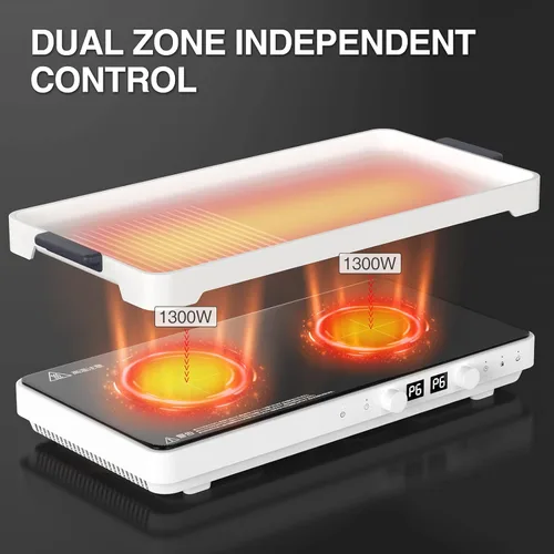 Vista 3 de Placa de inducción con 2 quemadores con sartén extraíble de hierro fundido antiadherente, sensor táctil de 1800 W, 9 niveles de potencia