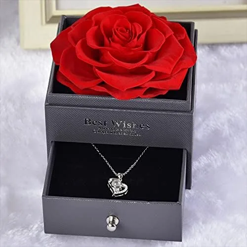 Imprue Flor de rosa roja real preservada con collar "I Love You" en 100 idiomas, regalos para mamá, esposa, novia, prometida en Navidad,