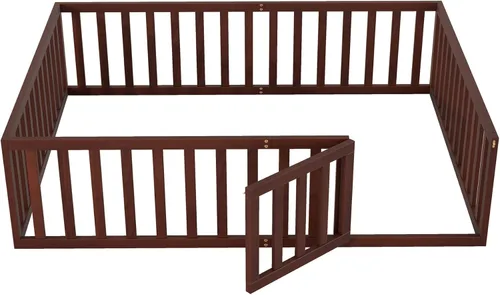 Vista 7 de Merax Marco de cama de piso de madera tamaño Queen con valla y puerta (nogal)