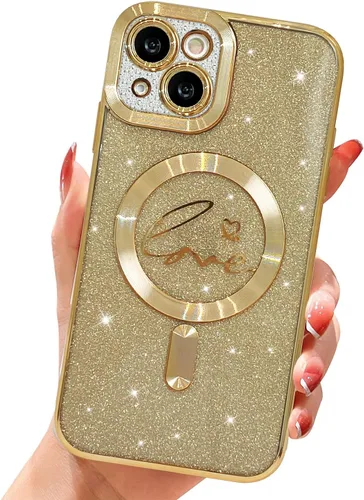 Vista 34 de Funda magnética transparente con purpurina para iPhone 14, compatible con Magsafe, diseño de corazón de amor, chapado de lujo, protector completo