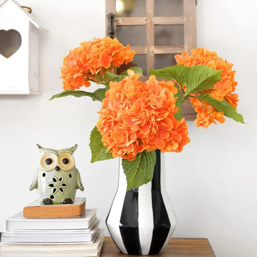 Vista 2 de FiveSeasonStuff Flores de hortensias de seda Real Touch, 2 flores artificiales grandes de tallo largo para arreglos florales (naranja otoño)
