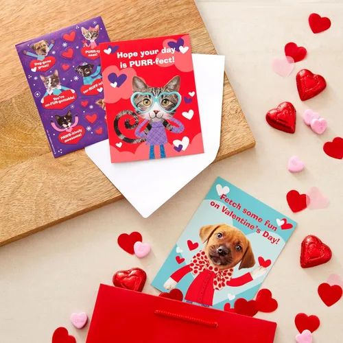 Vista 2 de Hallmark Tarjetas de San Valentín y calcomanías para la escuela de niños, cachorros y gatitos (24 aulas de San Valentín con sobres)