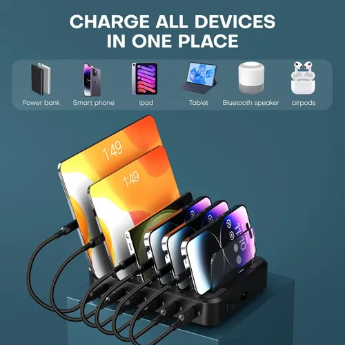 Vista 5 de Estación de carga para múltiples dispositivos, 65 W, 6 puertos, estación de carga rápida USB C con 6 cables de carga mixtos, base de carga