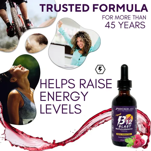 Vista 3 de Bricker Labs B12 Blast Metilcobalamina 1000mcg, vitaminas energéticas líquidas sublinguales de gran sabor - Vitaminas B12 veganas, energía sostenida
