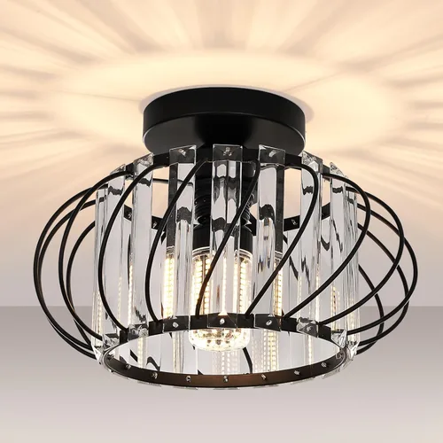 Vista 13 de FRIDEKO HOME Paquete de 2 Luces de Techo Semi Empotradas - Pequeña Lámpara de Araña de Cristal para Pasillo con Jaula de Metal Negro, Accesorio