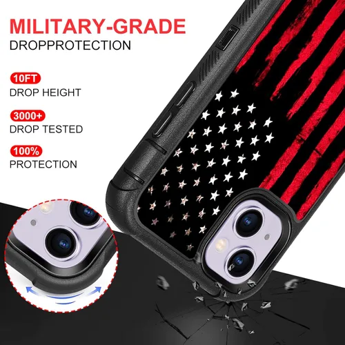 Vista 3 de Funda compatible con iPhone 13 y iPhone 14, diseño de bandera estadounidense negra y roja para hombres y niños, 3 capas resistentes a prueba