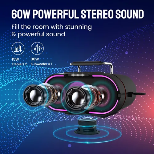 Vista 3 de RHM K666PLUS Máquina de karaoke con sonido potente, graves profundos y luz LED, 2 micrófonos inalámbricos, 7 horas de reproducción, compatible