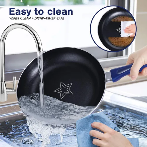 Vista 9 de Masthome Soporte ajustable para sartenes con 7 divisores y juego de utensilios de cocina de aluminio de 8 y 10 pulgadas con mango de agarre suave.