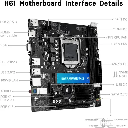 Vista 6 de MACHINIST Placa base para juegos H61 LGA 1155 (Intel 2ª/3ª generación), placas base para computadora Flex-ATX compatibles con PCIe 2.0, LAN 100M