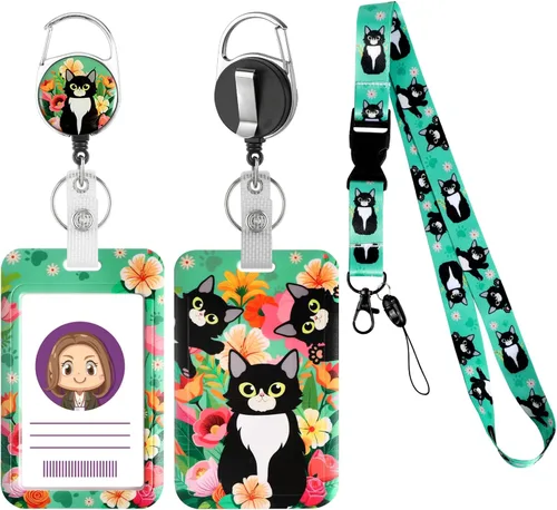 Cordón con soporte para tarjetas, carrete retráctil con clip para cinturón para tarjetas de identificación, llaves, lindo cordón de cuello de gato