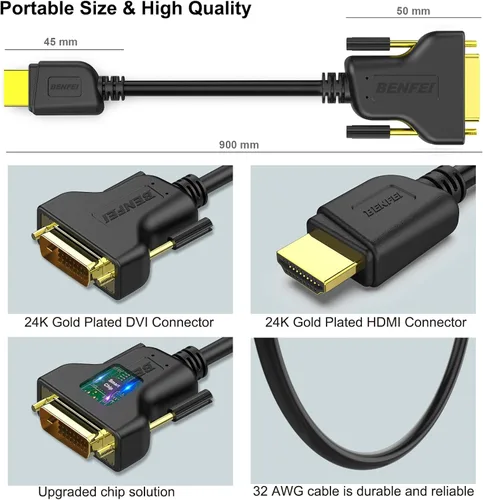 Vista 6 de Benfei - Cable adaptador HDMI a DVI, 3 pies bidireccional DVI-D 24+1 macho a macho HDMI, de alta velocidad, compatible 1080P Full HD, compatible