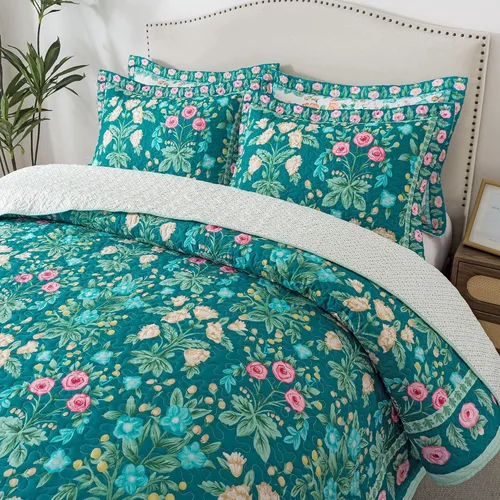 Vista 18 de HoneiLife - Juego de edredón de 3 piezas, colcha de microfibra, reversible, con estampado floral, para todas las estaciones, estilo acuarela