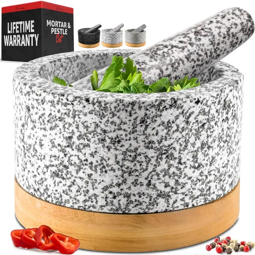 Vista 12 de Priority Chef Juego de mortero y mazo de alta resistencia con base de bambú, molinillo de piedra de granito 100% natural, tazón y machacador de Negro