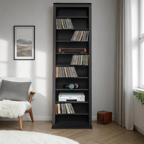 Vista 2 de Prepac - Gabinete estrecho para almacenamiento de medios, torre delicada, color negro Cerezo/Negro