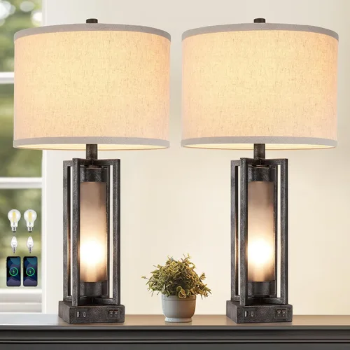 Vista 12 de RORIANO Juego de 2 lámparas de mesa modernas para sala de estar con puertos USB C+A, lámpara rústica de mesita de noche con luz nocturna blanca
