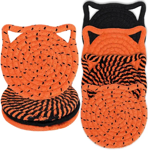 Vista 10 de Whaline Juego de posavasos de invierno con forma de oreja de gato, hechos a mano, trenzados, de algodón, azul, blanco, antideslizantes, absorbentes