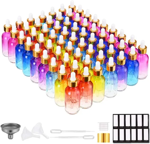 Vista 21 de PrettyCare Botellas de cristal con cuentagotas de 2 onzas líquidas, 12 botellas transparentes vacías gruesas a granel con tapas doradas a prueba