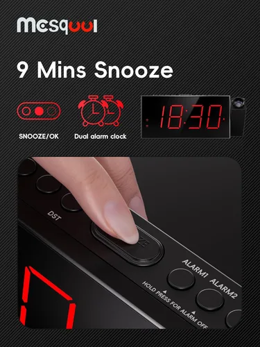 Vista 7 de Mesqool Reloj despertador de proyección, reloj digital con proyector giratorio de 180°, atenuador de brillo de 5 niveles, pantalla LED transparente