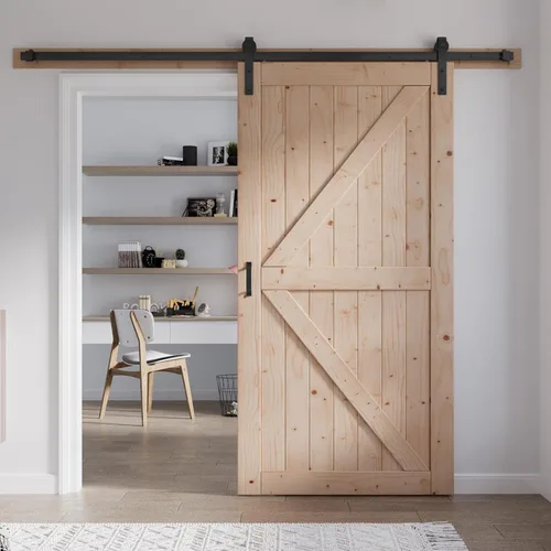 Vista 13 de FREDBECK Puerta corredera de granero de 34 x 84 pulgadas con kit de herramientas de 6 pies incluido, panel de abeto macizo en forma de K, necesita
