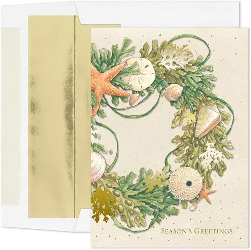 Vista 4 de Masterpiece Studios Warmest Wishes - 16 tarjetas navideñas en caja con sobres forrados de aluminio, corona de concha dorada, 5.6 x 7.8 pulgadas