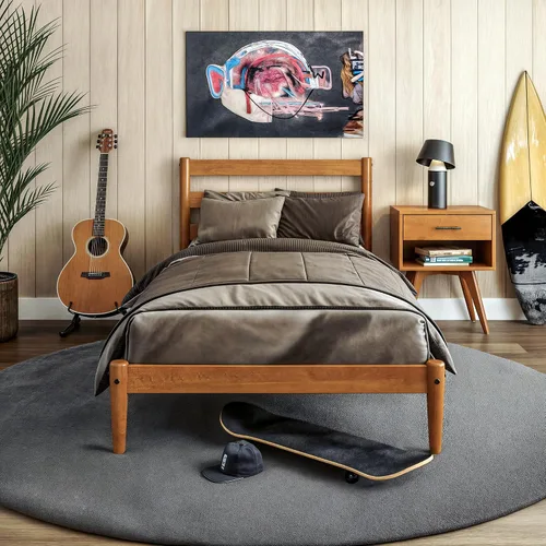 Vista 10 de Camaflexi Mid-Century - Cama de plataforma moderna, madera maciza, cabecera de listones, base de colchón de 10 listones de madera, no necesita Roble