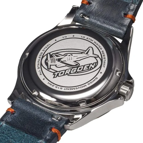 Vista 3 de Torgoen T9 Cream GMT - Reloj Pilot para hombre, cuarzo suizo, cristal mineral con correa de cuero azul, Azul Patchwork