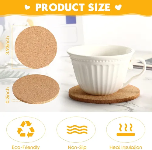 Vista 2 de Potchen 60 posavasos de corcho redondos de 4 pulgadas para bebida, posavasos absorbentes resistentes al calor, posavasos reutilizables en blanco