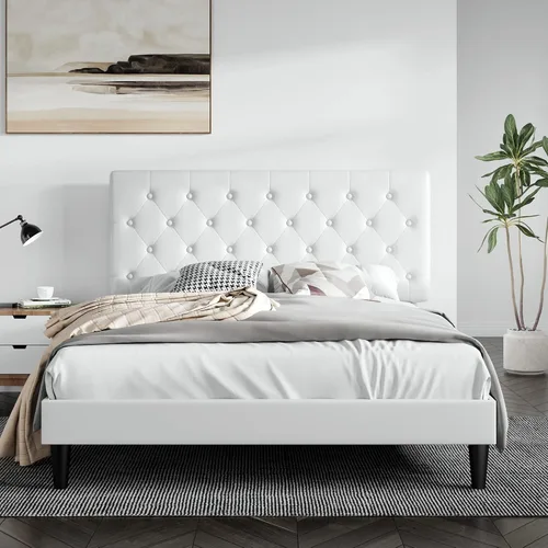 Vista 9 de SHA CERLIN Base de cama de plataforma tamaño Queen con cabecera capitoné con botones, base de colchón tapizada de piel sintética, soporte de Negro