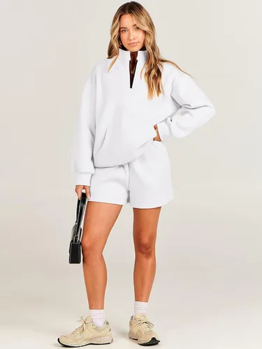 Vista 9 de ANRABESS Conjunto de 2 piezas para mujer, sudadera y pantalones cortos, de gran tamaño, casual, conjunto de sudadera para descansar, conjunto