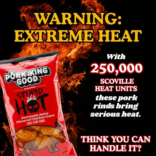 Vista 3 de Pork King Good Stupid Hot Pork Chicharrones - Paquete de 4 bocadillos bajos en carbohidratos, aptos para dieta cetogénica, chicharrones