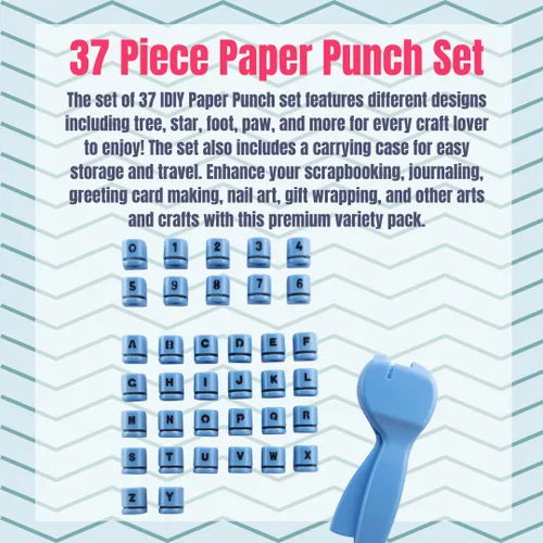 Vista 2 de Perforadores de papel de letras y números, 37 piezas con estuche y herramienta de perforación, perforadora de fácil uso para tarjetas