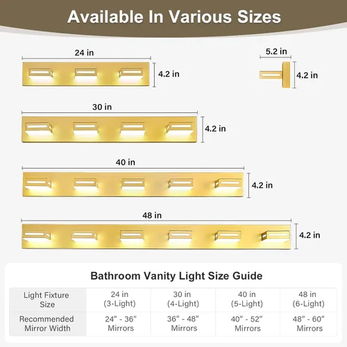 Vista 2 de Luminaria de Tocador LED Moderna Dorada de 24 Pulgadas con 3 Luces para Baño sobre Espejo, Accesorios de Iluminación de Baño con Blanco Frío 6000K