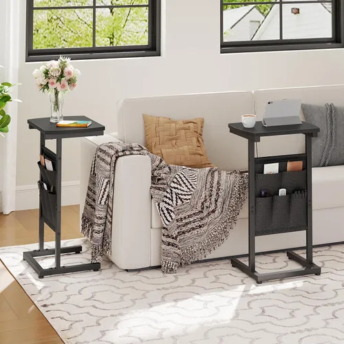 Vista 7 de HOOBRO Mesa auxiliar en forma de C, mesa auxiliar de 28.3 pulgadas para espacios pequeños, mesa de sofá con bolsa de almacenamiento, mesa auxiliar