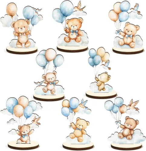 16 piezas de centro de mesa de madera para baby shower con oso azul desmontable, señal de mesa "Es un niño", revelación de género, decoración de