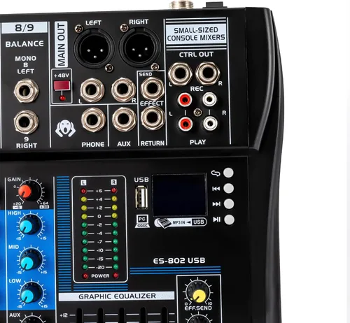 Vista 31 de Mini mezcladores de DJ de 5 canales, mezclador de audio en vivo, tablero de sonido con USB, interfaz de audio con 48 V Phantom Power Sonidos