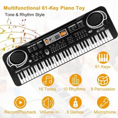 Vista 3 de Teclado de piano de 61 teclas, teclado electrónico de música digital con micrófono, piano eléctrico, instrumento musical, teclado de aprendizaje