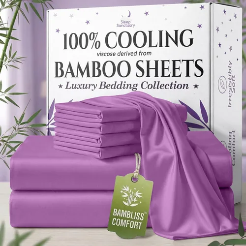 Vista 19 de SLEEP SANCTUARY 100% viscosa orgánica derivada de sábanas de bambú, tamaño individual, 4 piezas, ultra suave y refrescante, bolsillo profundo de 17