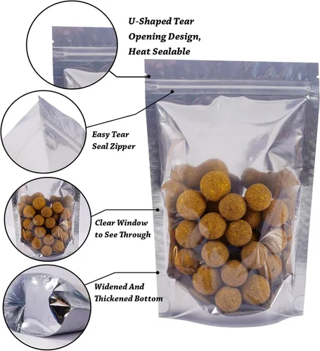 Vista 2 de Paquete de 100 bolsas de Mylar para almacenamiento de alimentos, papel de aluminio resellable, bolsa transparente de pie con ventana frontal de 5.91