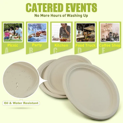 Vista 40 de Green Earth, Platos compostables de 10 pulgadas, 125 unidades, fibras de bambú naturales, vajilla diaria – biodegradable – Desechable forma ovalada