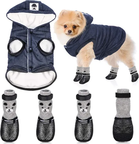 Vista 7 de Abrigo con capucha para perro y gato con capucha, calcetines elegantes para cachorros, chaqueta cálida para perros, zapatos impermeables para perros