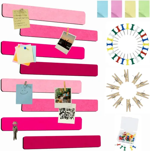 Vista 32 de Vuzvuv 8 tiras de barra de tablón de anuncios con 50 alfileres y 10 pines de clip de madera, tablero de corcho autoadhesivo para pared, tablero