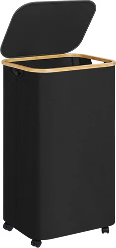 Vista 18 de Cesta de lavandería delgada, cesta estrecha con tapa, cesta de 60 litros para lavandería, cesta de tela sucia con mango de bambú para juguetes, Beige