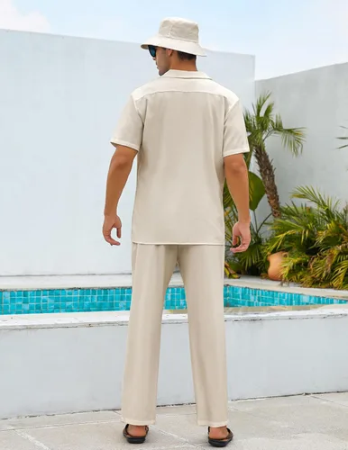 Vista 5 de Conjunto de lino para hombre, conjunto de 2 piezas, camisa de playa con botones, informal, pantalones sueltos con sombrero y bufanda