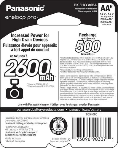 Vista 2 de Eneloop Panasonic BK-3HCCA6BA pro AA Baterías recargables precargadas Ni-MH de alta capacidad, paquete de 6