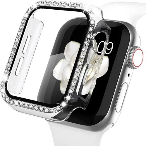 Vista 8 de Recoppa funda para Apple Watch con protector de pantalla con cristales brillantes y diamantes de imitación, ultrafina, funda con protección