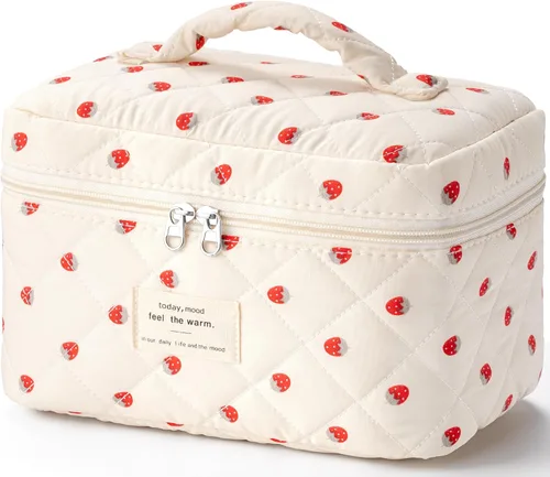 Vista 16 de HBselect Bolsa de Maquillaje Acolchada, Bolsa de Maquillaje Grande de Algodón para Viaje, Lindas Bolsas de Maquillaje con Flores Coquette, Bolsas